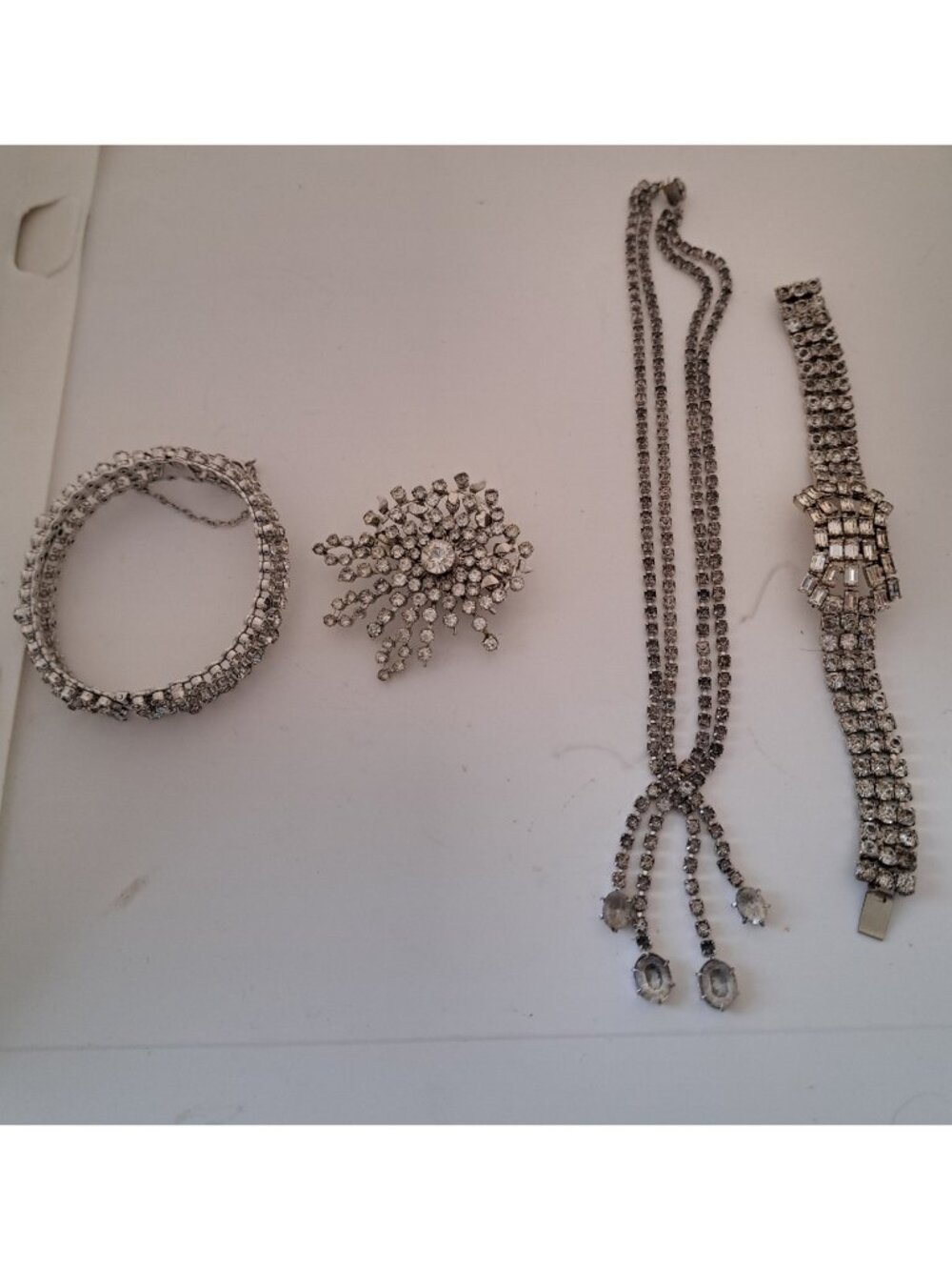 Lot of 4 Vintage Costume Jewelry Rhinestone 1950's Brooch Bracelets Necklace